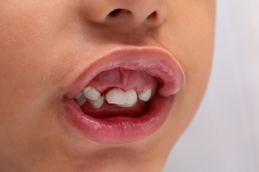 extreme close up view mouth young boy with loosened incisors bleeding gum as child grows up loosed milk teeth 651462 939